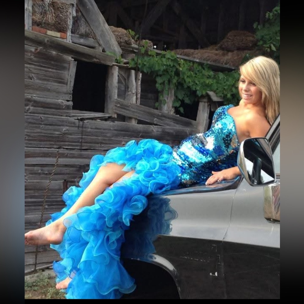 Blue Sequin Strapless Gown - Picture 2 of 8